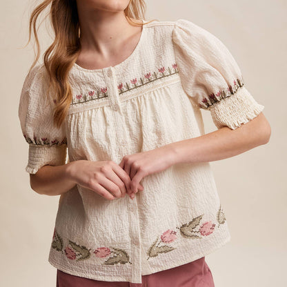 Embroidered Textured Puff-Sleeve Blouse