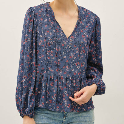 FLORAL PRINT V-NECK CHIFFON BLOUSE TOP