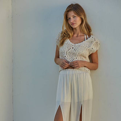 Knit Sweater Cotton Crochet V-Neck Cap Sleeve Top