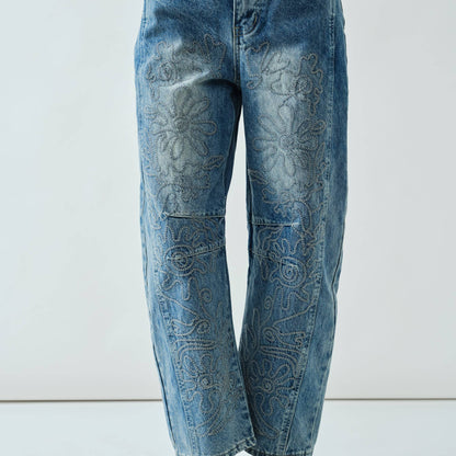 EMBROIDERED COTTON BARREL PANTS