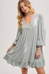 Embroidered V-Neck Ruffled Dress