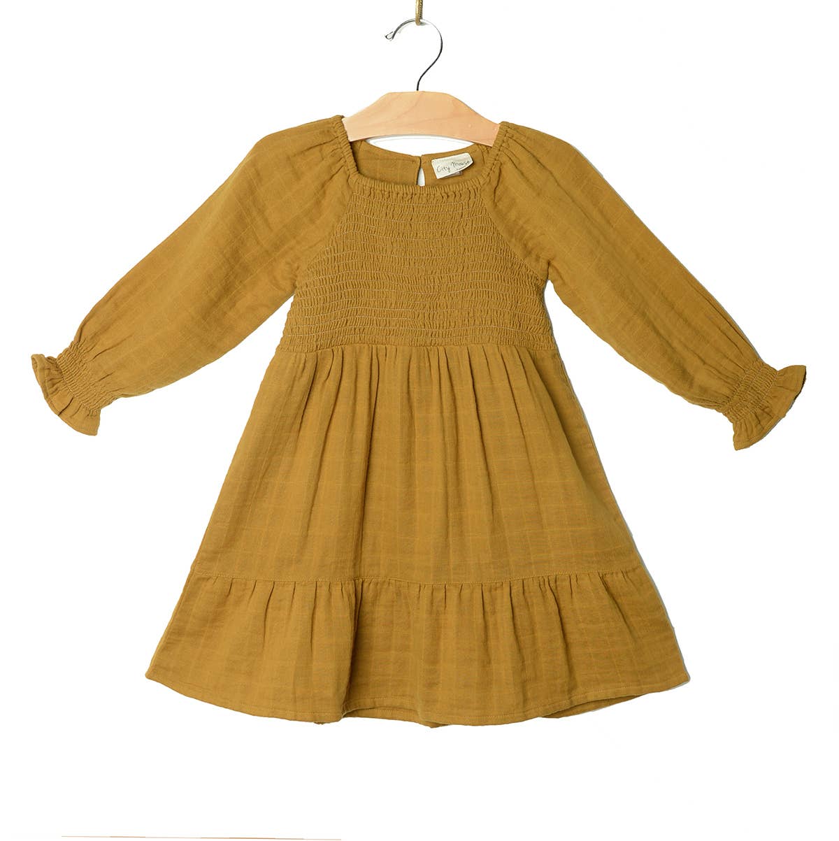 Cotton Gauze Smocked Dress in Mustard 5Y Cotton Gauze Smocked Dress in Mustard 5Y