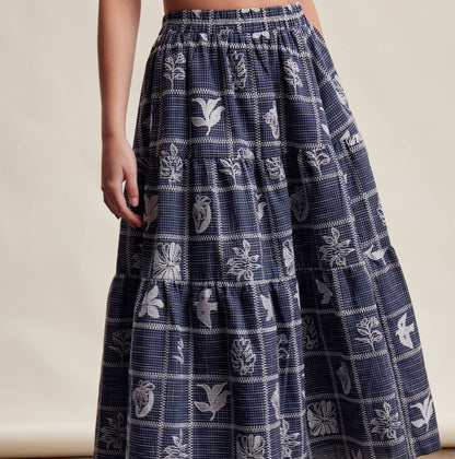 Embroidered Patchwork Tiered Midi Skirt
