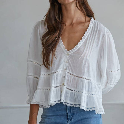 Woven Cotton V-Neck Quarter Sleeve Top