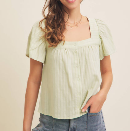 SQUARE NECK TEXTURED COTTON BUTTON-DOWN BLOUSE