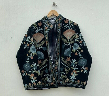 Velvet Suzani Hand Embroidered Jacket - Black