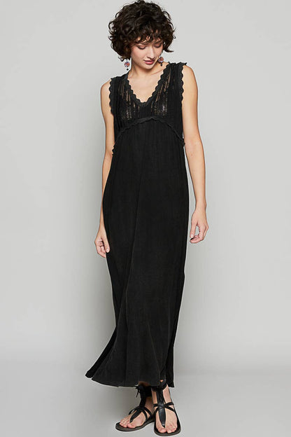 V-neck sleeveless cut sew knit lace trim solid dress